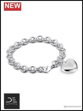 925 Sterling Silver Charm Link Bracelet with Heart-Bell-Square-Circle Pendants